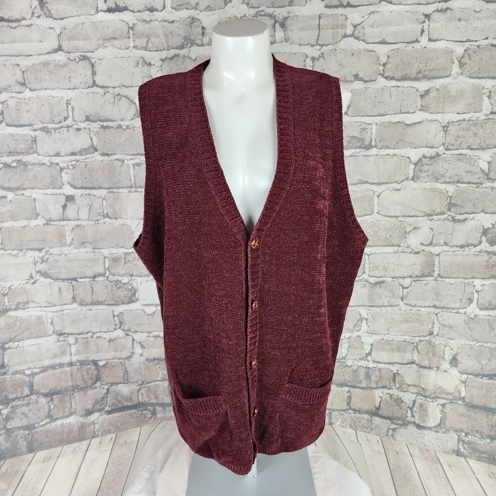 Vintage Chenille Vest Grampachic VNeck Pouch Pockets Burgundy Men's Medium
